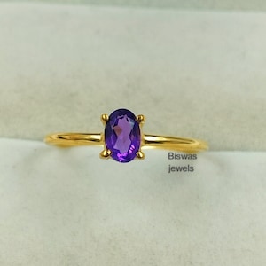 14K Yellow Gold Purple Amethyst Ring, February Birthstone Ring, Handmade Thin Gold Natural Amethyst Ring, Anniversary Gift For Her/Mom
