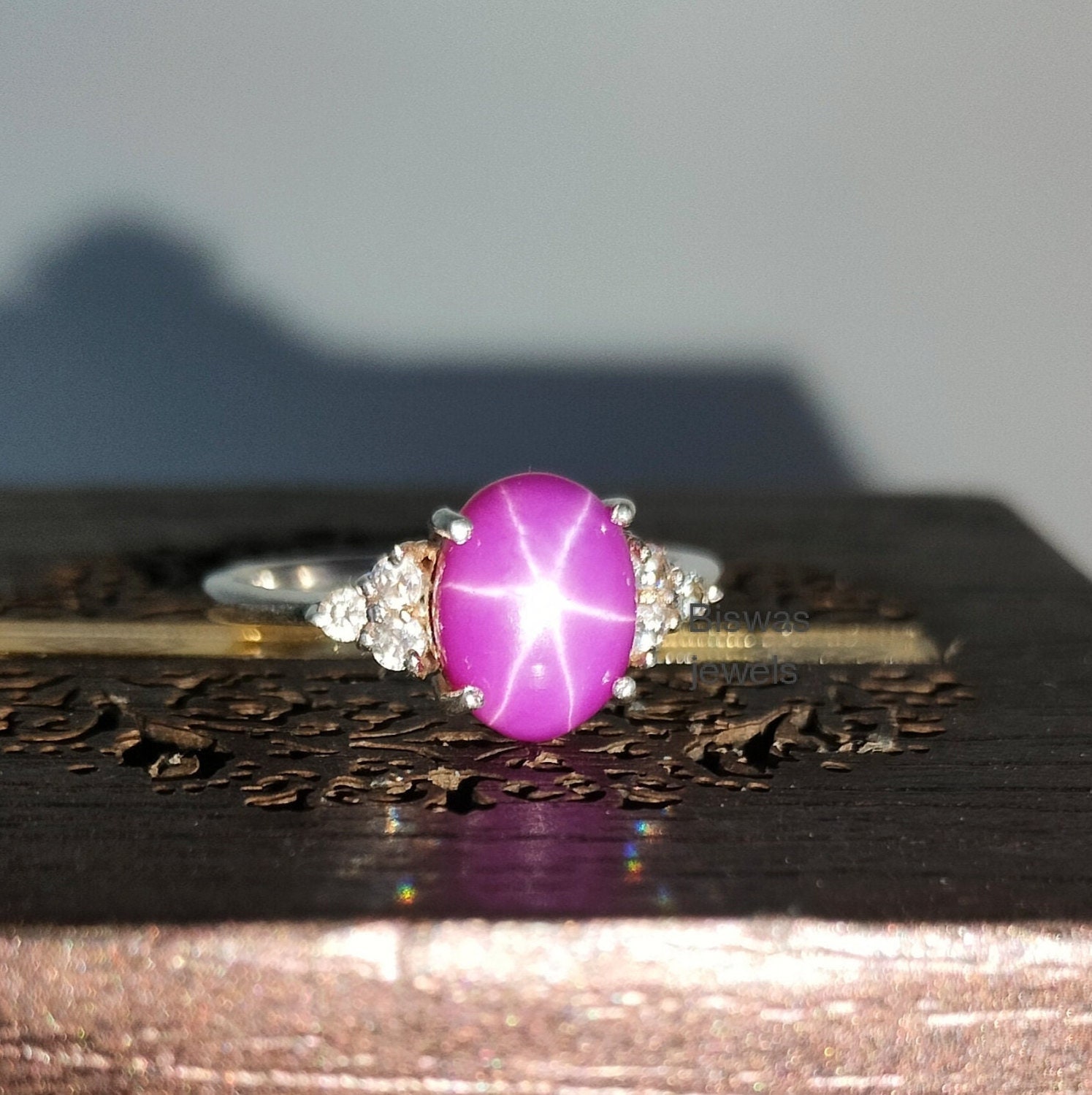 Bague Saphir étoile Rose En Argent Sterling 925 Véritable Lindy - Bijou Art Déco Fait Main