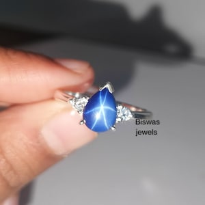 Vintage Blue Star Sapphire Women&#39;s Ring, 925 Sterling Silver, Pear Shape Blue Lindy Star Ring, Handmade Ring, Lab Gemstone, Gift For Her/Mom