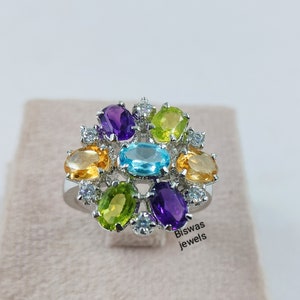 Multi-Stone Ring For Women, Handmade Gemstone Ring, 925 Sterling Silver, Citrine Peridot Amethyst Topaz Silver Ring, Engagement Ring For Her