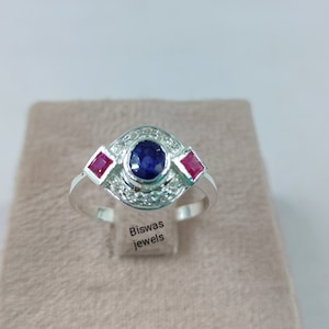 Natural Blue Sapphire Ring With Red Ruby Gemstone, 925 Sterling Silver, Birthstone Ring, Sapphire CZ Ruby Ring, Beautiful Gift For Women