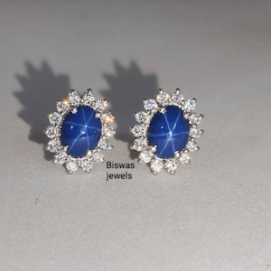 Vintage Blue Lindy Star Sapphire Cluster Stud Earring, 925 Sterling Silver, Handmade Silver Studs, Lab Gemstone, Wedding Studs, Gift For Her