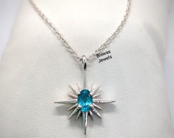 Handmade Swiss Blue Topaz Necklace, 925 Sterling Silver Jewelry