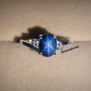 Vintage Blue Lindy Star Ring, Blue Star Sapphire Silver Ring, 925 Sterling Silver, Lab 6 Rays Star Gemstone, Engagement Ring, Gift For Her