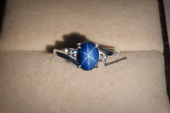 Vintage Blue Lindy Star Ring Blue Star Sapphire Silver Ring 925 Sterling Silver Lab 6 Rays Star Gemstone Engagement Ring Gift for Her