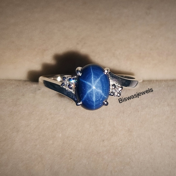 Vintage Blue Lindy Star Ring, Blue Star Sapphire Silver Ring, 925 Sterling Silver, Lab 6 Rays Star Gemstone, Engagement Ring, Gift For Her