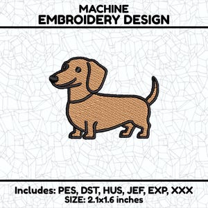 Könnte beinhalten: Maschinenstickdesign eines braunen Dackels, 5,3 cm x 4,1 cm. Enthält die Dateiformate PES, DST, HUS, JEF, EXP, XXX.