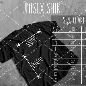 May include: Unisex t-shirt size chart with measurements in inches. The chart shows the width and length of the shirt in different sizes, from S to 5XL.