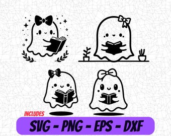Cute Ghost Reading SVG Bundle | Adorable Ghost with Book Clipart | PNG EPS Dxf for Cricut & Silhouette