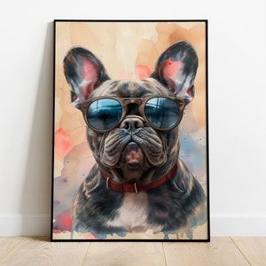 Französische Bulldogge druckbare Wandkunst, 18x24 Zoll Digitaldruck, Kinderzimmer Dekor, Bürodekor, Aquarell Akzent Kunstwerk, niedlicher Hund mit Brille