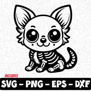 Cute Skeleton Dog SVG | Kawaii Dog Skeleton Clipart PNG, EPS, Dxf | Halloween Pet-Themed Design for Cricut and Silhouette, Chihuahua vector