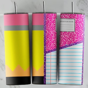 Notebook & Pencil Sublimation Design for Tumblers, Frosted Glass Image, Skinny Template, PNG Download, Uv Dtf, Vinyl Wrap, Cute Glitter Cup