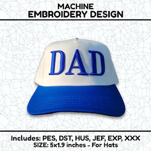 May include: White baseball cap with a blue brim and the word "DAD" embroidered in blue on the front. The cap is 5 inches wide and 1.9 inches tall.