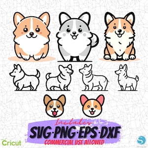 Corgis SVG Design, Plotterdatei, Png Eps Dxf Digital Clipart, ideal für Abziehbilder, Aufkleber, T-Shirts, Tassen und mehr! Süßer Hund SVG