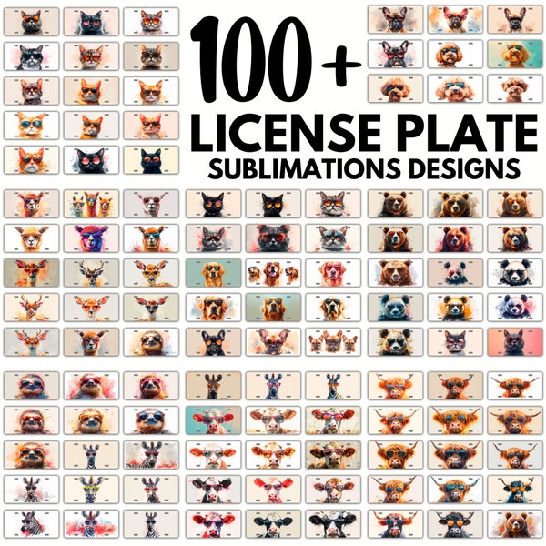 License Plate Png Bundle, 100+ Sublimation Designs, Car Plate Templates, Vehicle Front Tag Illustration, Cute Animals Wearing Glasses