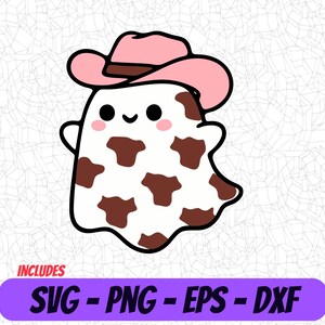May include: A cartoon ghost wearing a pink cowboy hat with brown cow spots. The ghost has a friendly expression with big eyes and a small smile.