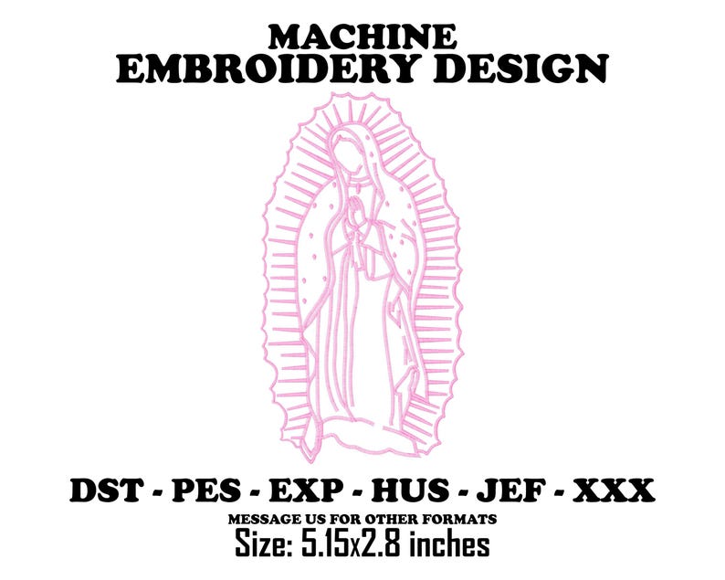 May include: Machine embroidery design of the Virgin Mary with a child in her arms. The design is pink and white and measures 5.15 inches by 2.8 inches. DST, PES, EXP, HUS, JEF, and XXX formats are available.