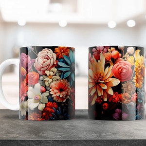 セラミックコーヒーマグに昇華印刷できる花柄PNGマグデザイン。11オンス、12オンス、15オンスに対応。