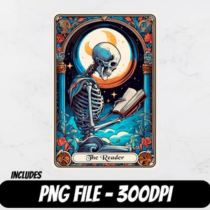 The Reader Tarot Card PNG, Diseño de sublimación de esqueleto, Tarot de calavera divertido, camiseta png, Diseño de taza, Archivo PNG de bolso de mano