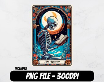 The Reader Tarot Card PNG, Skeleton Sublimation Design, Funny Skull Tarot, T-shirt png, Mug Design, Tote Bag PNG File