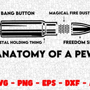 May include: A black and white illustration of a gun with labels for each part, including "Bang Button", "Magical Fire Dust", "Metal Holding Thing", and "Freedom Seed". The text "Anatomy of a Pew" is below the image. The text "SVG - PNG - EPS - DXF - AI" is at the bottom of the image.
