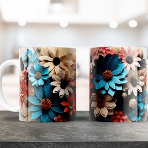 3D schattig bloemen sublimatie ontwerp voor 12oz & 15oz koffiemokken, keramische mok ontwerp, Cricut Press, kleurrijke bloemenkunstwerk, PNG wrap afbeelding