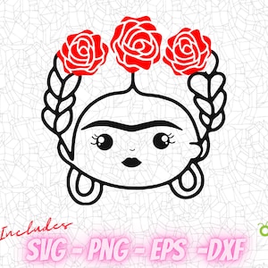 Cute Frida SVG, Cutting File, Png Eps Dxf Digital Clipart, Great for Viny Decals, Stickers, T-Shirts, Mugs & More! Cartoon SVG Design