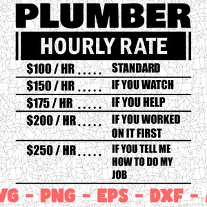 Peut inclure: Graphique noir et blanc avec le texte "PLUMBER HOURLY RATE" et une liste de tarifs horaires pour un plombier, avec une description humoristique de l'augmentation du tarif en fonction de l'implication du client. Le texte en bas du graphique indique "SVG - PNG - EPS - DXF - AI".