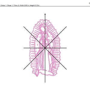 May include: A pink line drawing of the Virgin Mary, with a halo and a flowing robe, surrounded by a decorative border. The image is centred on a white background with black lines extending from the centre to the edges of the image.