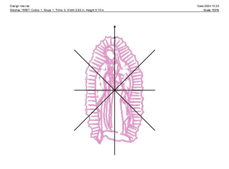 May include: A pink line drawing of the Virgin Mary, with a halo and a flowing robe, surrounded by a decorative border. The image is centred on a white background with black lines extending from the centre to the edges of the image.