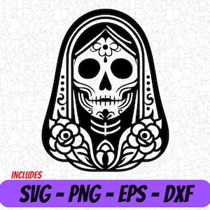 Tag des Toten Schädel SVG | Santa Muerte Rosen Design in PNG, Eps, DXF | Gothic Art für Cricut und Silhouette