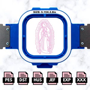 May include: A blue embroidery hoop with a white inner ring, displaying a pink outline of the Virgin Mary. The hoop is 5.15 inches by 2.8 inches. The image is available in PES, DST, HUS, JEF, EXP, and XXX formats.