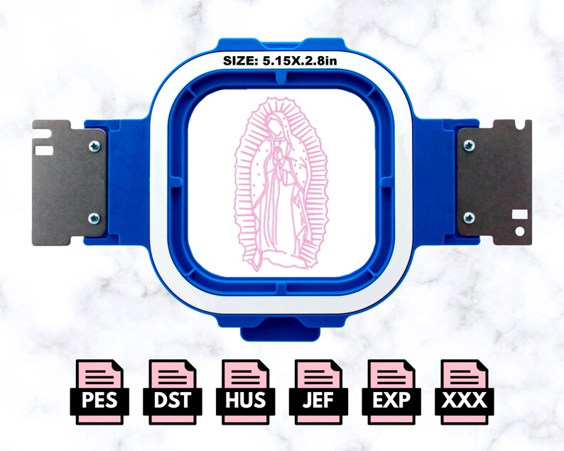 May include: A blue embroidery hoop with a white inner ring, displaying a pink outline of the Virgin Mary. The hoop is 5.15 inches by 2.8 inches. The image is available in PES, DST, HUS, JEF, EXP, and XXX formats.