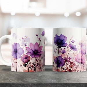 Design a sublimazione floreale viola per tazze da caffè da 12 once e 15 once, design di tazze in ceramica, Cricut Press, opere d'arte floreali Boho, involucro Png minimalista