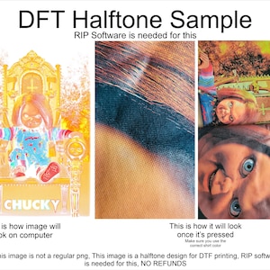 K&ouml;nnte beinhalten: Ein Halbtonbild des fiktiven Charakters Chucky aus der Horrorfilmreihe Child's Play. Das Bild ist ein Beispiel f&uuml;r ein Design f&uuml;r den Direktdruck auf Film (DTF). Der Text "RIP Software is needed for this" wird &uuml;ber dem Bild angezeigt. Der Text "CHUCKY" wird unter dem Bild angezeigt.