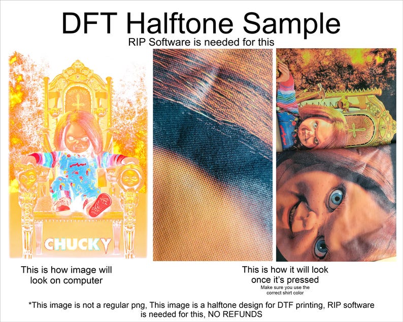 K&ouml;nnte beinhalten: Ein Halbtonbild des fiktiven Charakters Chucky aus der Horrorfilmreihe Child's Play. Das Bild ist ein Beispiel f&uuml;r ein Design f&uuml;r den Direktdruck auf Film (DTF). Der Text "RIP Software is needed for this" wird &uuml;ber dem Bild angezeigt. Der Text "CHUCKY" wird unter dem Bild angezeigt.