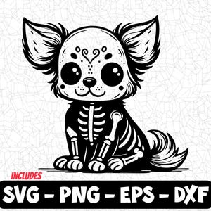 Cute Skeleton Dog SVG | Kawaii Dog Skeleton Clipart PNG, EPS, Dxf | Halloween Pet-Themed Design for Cricut and Silhouette, Chihuahua vector