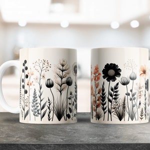 Vintage Floral Sublimation design for 12oz & 15oz Coffee Mugs, Ceramic Mug Design, Cricut Press, Boho Flower Artwork, Minimalist Png Wrap