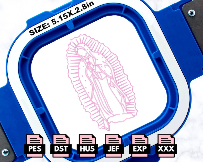 May include: A pink outline embroidery design of the Virgin Mary on a white background inside a blue embroidery hoop. The hoop is labelled "SIZE: 5.15X2.8in". The design is available in PES, DST, HUS, JEF, EXP, and XXX formats.