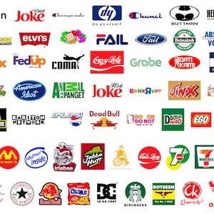 May include: A collection of parody logos and brand parodies, including "iPon," "Joke," "Fail," and "American Idiot." The logos are in various colors and styles, mimicking well-known brands. The image is a humorous take on popular branding.