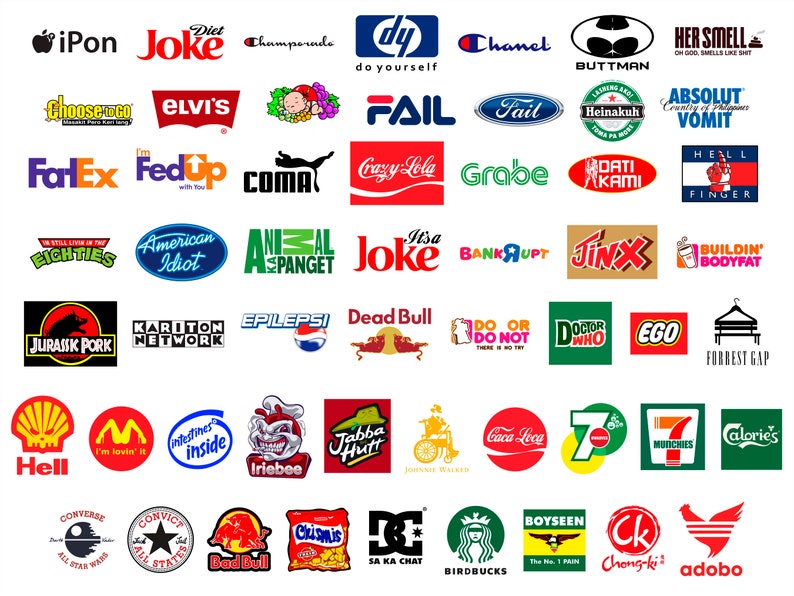 May include: A collection of parody logos and brand parodies, including "iPon," "Joke," "Fail," and "American Idiot." The logos are in various colors and styles, mimicking well-known brands. The image is a humorous take on popular branding.