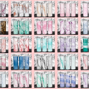 May include: A set of 20 different marble-patterned stainless steel tumblers. The tumblers are all the same size and shape, but each has a unique marble pattern in a variety of colors, including pink, blue, green, purple, and white.