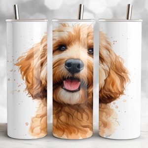 May include: A white stainless steel tumbler with a watercolor illustration of a golden doodle dog. The dog's face is centered on the tumbler and the dog's fur is a light brown color.