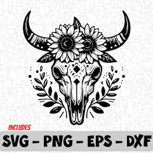 Boho Girassol Caveira de Vaca SVG | Western Floral Bull Skull Clipart | PNG, EPS, Dxf para Cricut e Sublimação