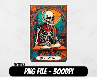 The Writer Tarot Card PNG, Skeleton Sublimation Design, Funny Skull Tarot, T-shirt png, Mug Design, Tote Bag PNG File