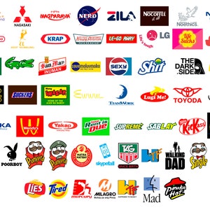 May include: A collection of parody logos, including "MyEx. Girlfriend," "Nerd," "Shit," and "Walking Dad." The logos are arranged in rows and columns, featuring various colors and fonts, mimicking well-known brand designs.
