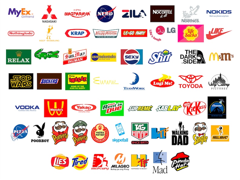 May include: A collection of parody logos, including "MyEx. Girlfriend," "Nerd," "Shit," and "Walking Dad." The logos are arranged in rows and columns, featuring various colors and fonts, mimicking well-known brand designs.