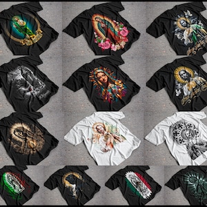 May include: A collection of 12 t-shirts featuring various religious imagery. The shirts are black and white with different designs, including a woman in a blue robe, a man with a crown of thorns, and a skull with wings. Some shirts have text in Spanish, "Oracion Fuerte Todo", which translates to "Strong Prayer All".