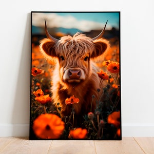 Highland Cow Digital Wall Art, Décoration murale imprimable, Décoration mignonne, Décoration murale de ferme, Oeuvre de vache, Cadre photo animal, Fleurs