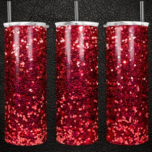 May include: Three red glitter tumbler cups with clear lids and straws. The tumblers are filled with red glitter.